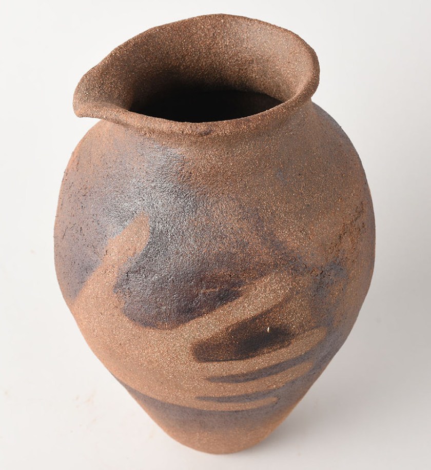 jug, craft crank, decoration in powdered cave clay, reduction fired. H26 C18cm