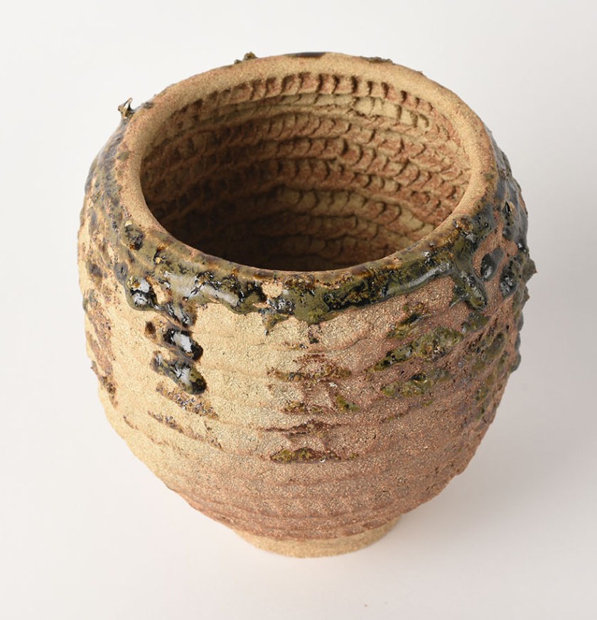 smaller textured pot, craft crank stoneware, decoration in raw cave mud (ext) and ash (int). H17, C17cm